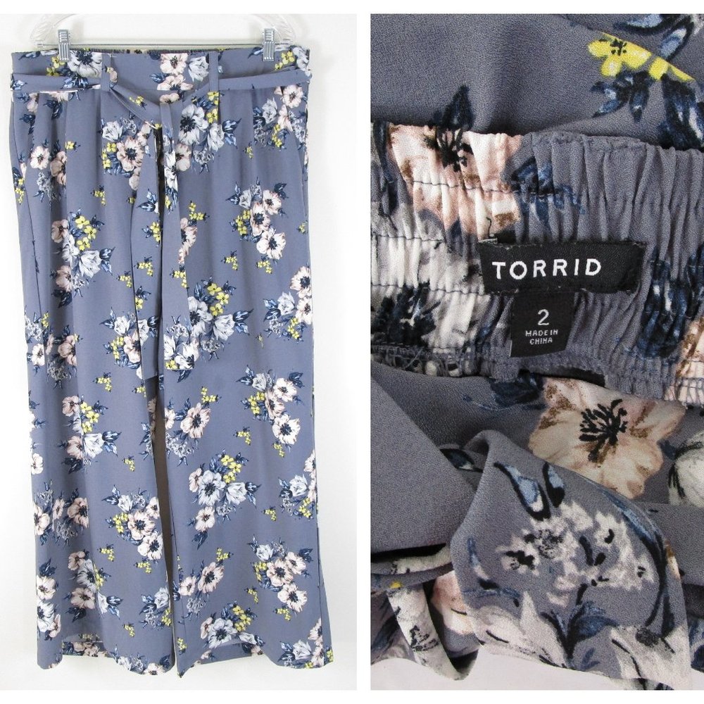Torrid Plus Size Grey Floral Crepe Wide Leg Pants